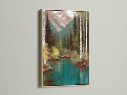 Mountain Lake artwork with an oak frame. This artwork showcases a tranquil teal lake with surrounding birch trees and mountains. The oak frame complements the artwork's natural theme. Ideal for cabin owners and nature enthusiasts. Enhance your home with this beautiful landscape print.