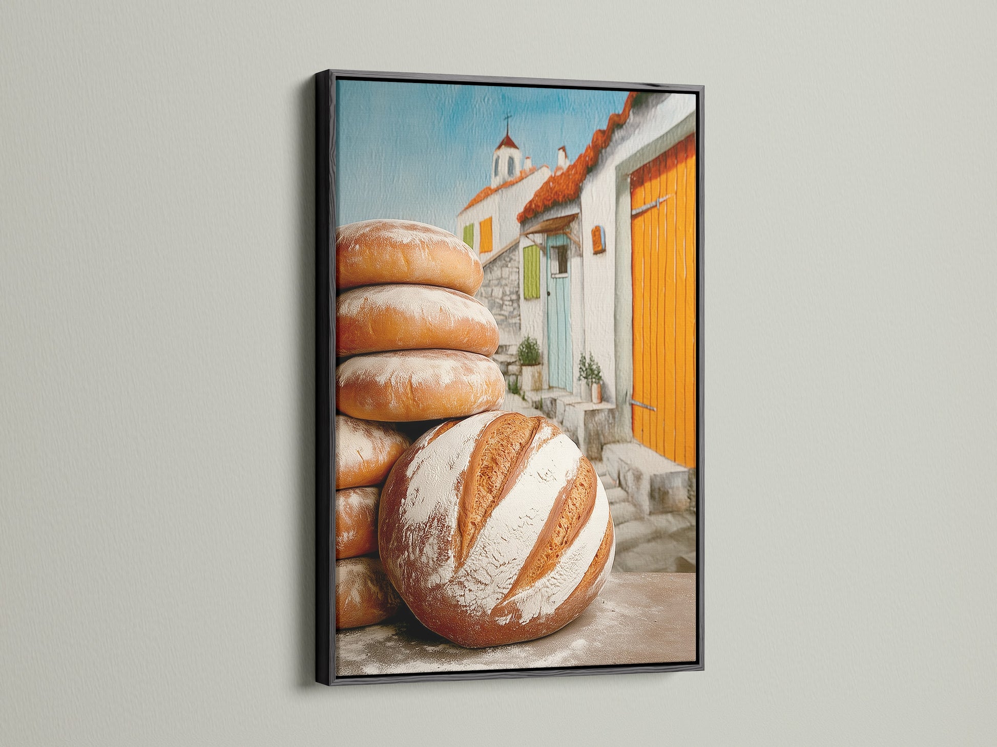 Artisan bread artwork in a black frame. Food canvas that enhances your kitchen decor. Ideal for cafe managers and restaurant owners. It suits farmhouse country or French-inspired styles. The artwork adds warmth to any space.