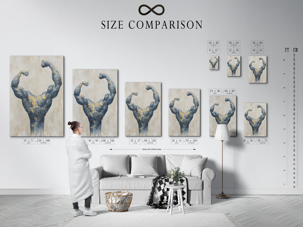 Size comparison chart in a modern interior. See how the bodybuilder art fits your space. Choose the right size for your gym wall or home office. Gray and gold muscle canvas options available.