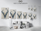 Size comparison chart in a modern interior. See how the bodybuilder art fits your space. Choose the right size for your gym wall or home office. Gray and gold muscle canvas options available.