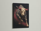 Artwork featuring a bull with red horns. The art is displayed in a black frame. The black frame enhances the artwork. Perfect art to showcase in your home or office. Great art for any room in the house