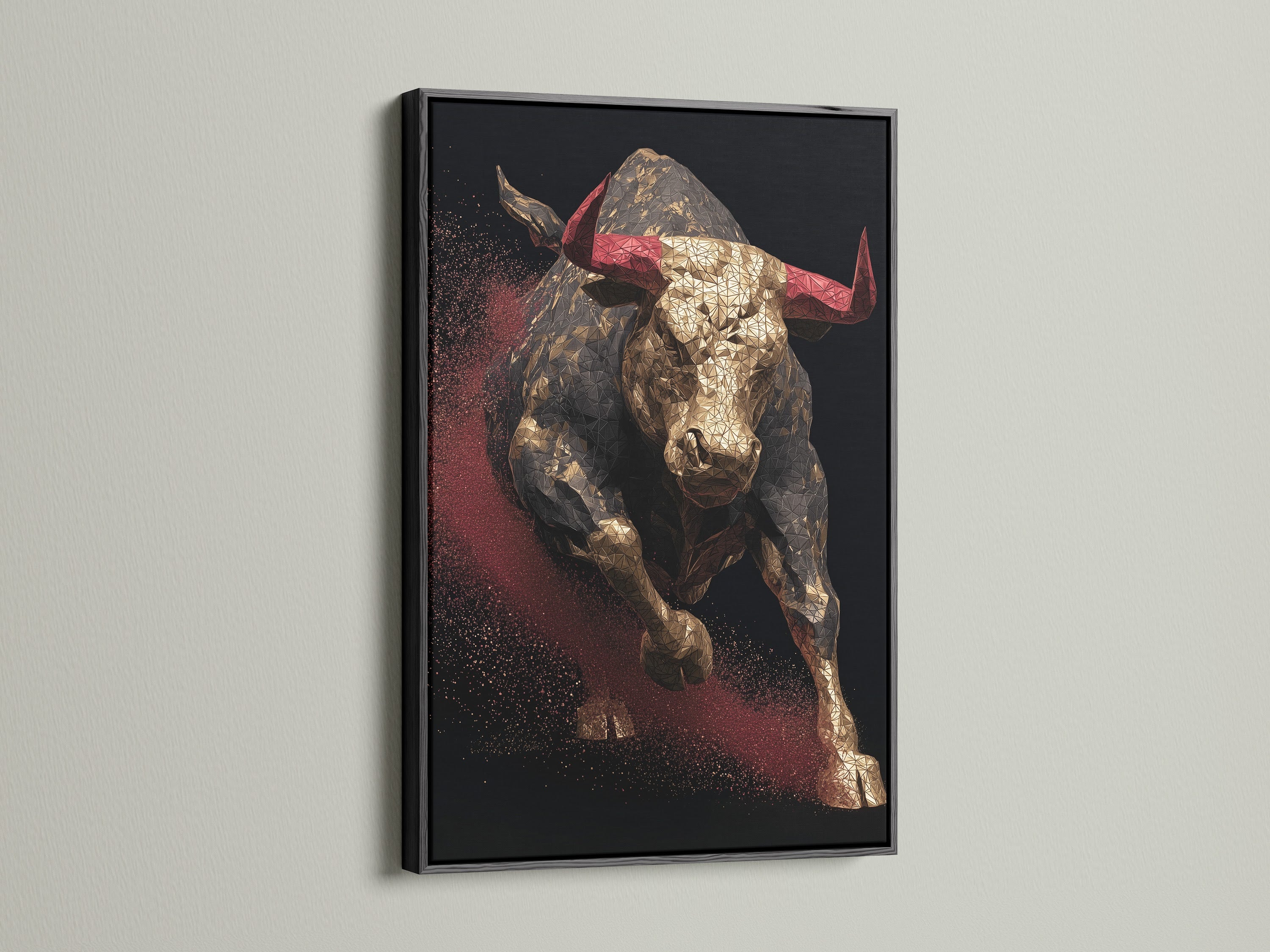 Artwork featuring a bull with red horns. The art is displayed in a black frame. The black frame enhances the artwork. Perfect art to showcase in your home or office. Great art for any room in the house