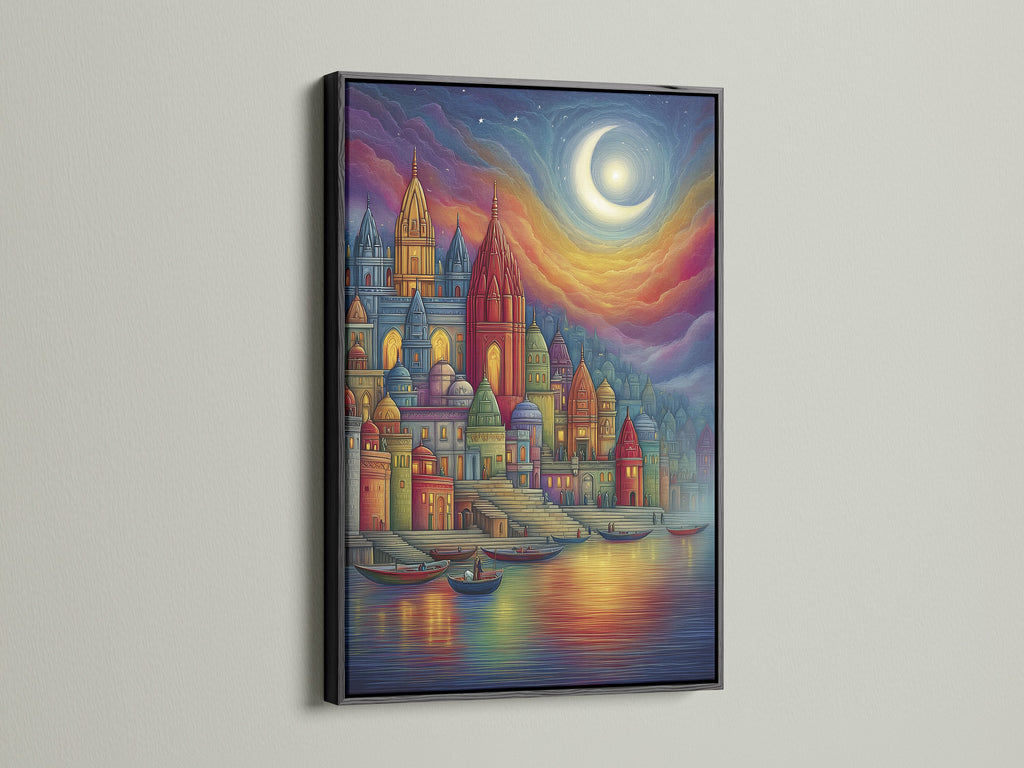 Fantasy Castle Wall Art in a black frame. The colorful medieval architecture print is eye-catching. It adds a whimsical fairytale touch. This canvas is perfect for bedroom decor. It complements modern bohemian or eclectic styles. It's great for home decor.