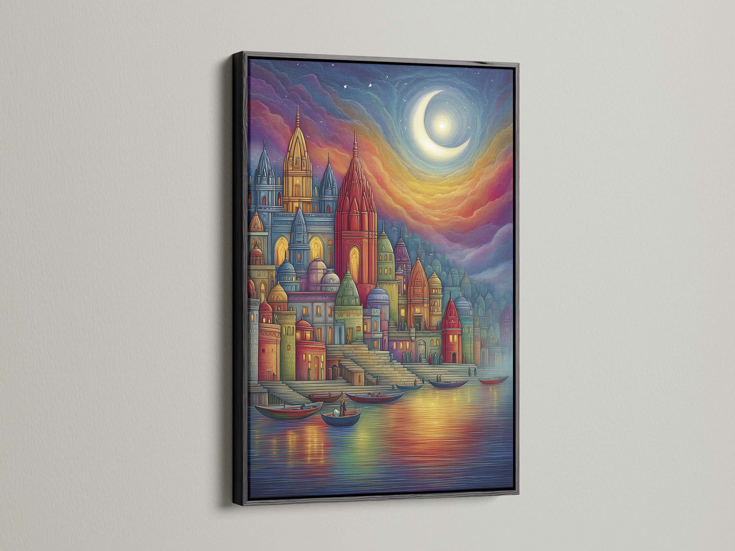 Fantasy Castle Wall Art in a black frame. The colorful medieval architecture print is eye-catching. It adds a whimsical fairytale touch. This canvas is perfect for bedroom decor. It complements modern bohemian or eclectic styles. It's great for home decor.