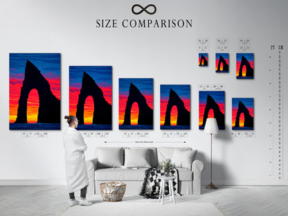 A size comparison chart is displayed in an interior setting. This helps visualize the artwork in different sizes. The coastal arch canvas print is available in various sizes. Modern ocean view artwork fits any space. The sunset seascape wall art complements your home decor. Find the perfect size for your coastal artwork.