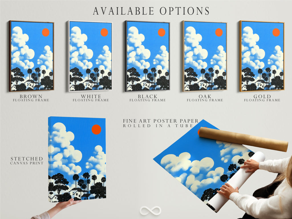 This image shows the available options for the house and clouds artwork. Options include stretched canvas print fine art poster paper and floating frame. Choose the perfect style for your home.