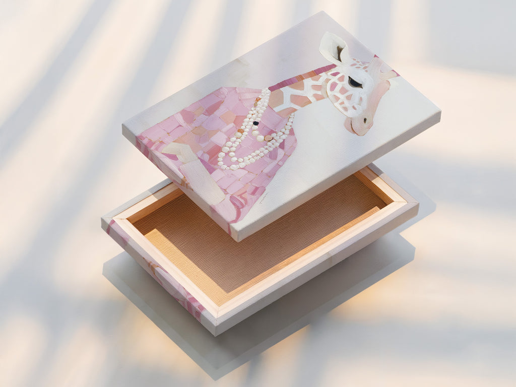 A stretched canvas print showcases a Giraffe Portrait. Pink animal print adds a vibrant touch to the artwork. Fashion giraffe art with a pearl necklace is ready to hang. Stretched canvas brings out the blush pink art. Elevate your nursery wall decor.