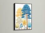 A black frame elegantly displays this colorful forest artwork. This abstract print brings a modern touch to any space. The tree wall decor creates a calming atmosphere. Ideal for modern living rooms and office spaces. Discover nature art print.