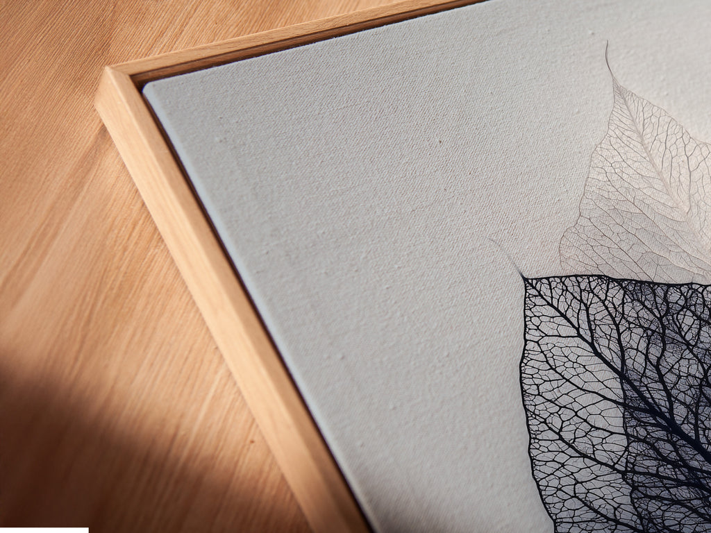 A close-up angled view captures the exquisite canvas print in a floating frame. The floating frame creates a unique and modern look. It makes the artwork appear to float. This framing style adds depth and dimension. Enhance your artwork with our floating frames. The canvas print is a beautiful addition to any space.