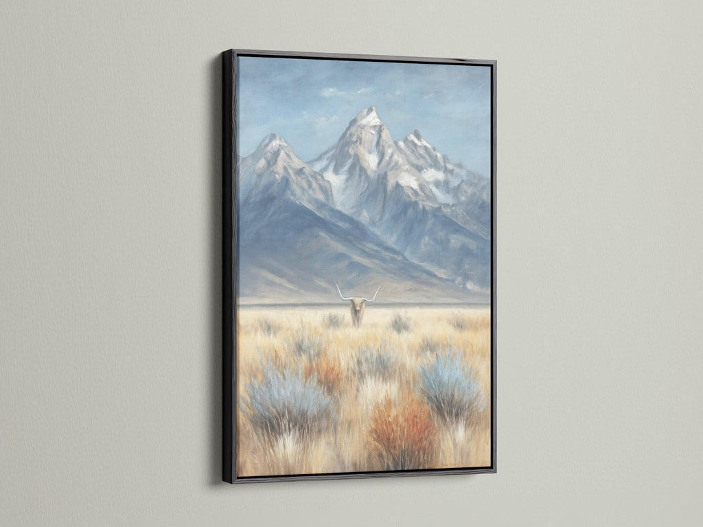 The mountain and highland cattle artwork is presented in a sleek black frame. The black frame accentuates the colors in this landscape painting. This art complements rustic and eclectic styles. Explore this cattle artwork for a unique addition to your farmhouse decor.