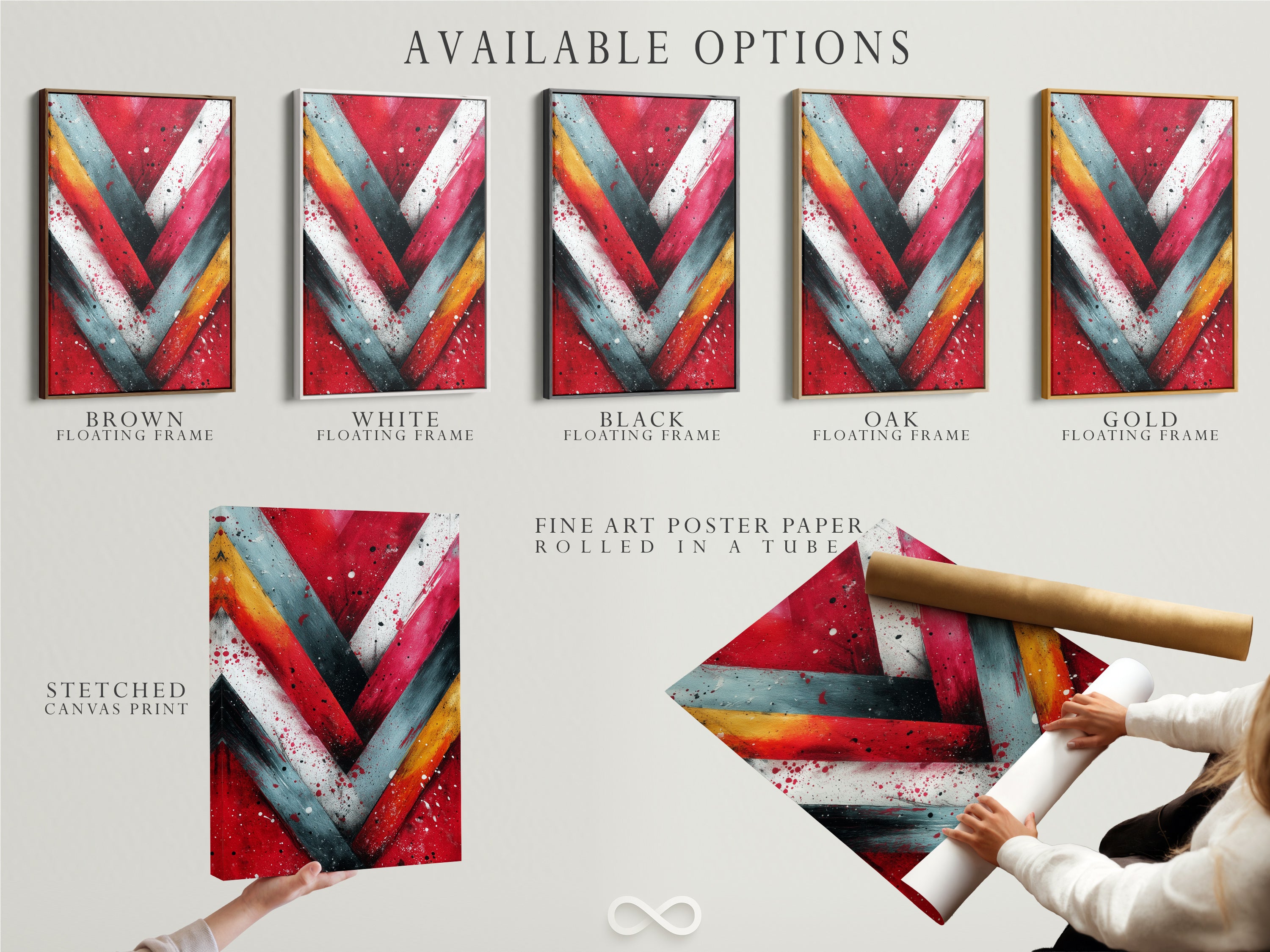 Explore our available options: stretched canvas print fine art poster paper and floating frame. Customize your artwork to match your style. Find the perfect medium for your abstract and geometric wall art. Elevate your decor today.