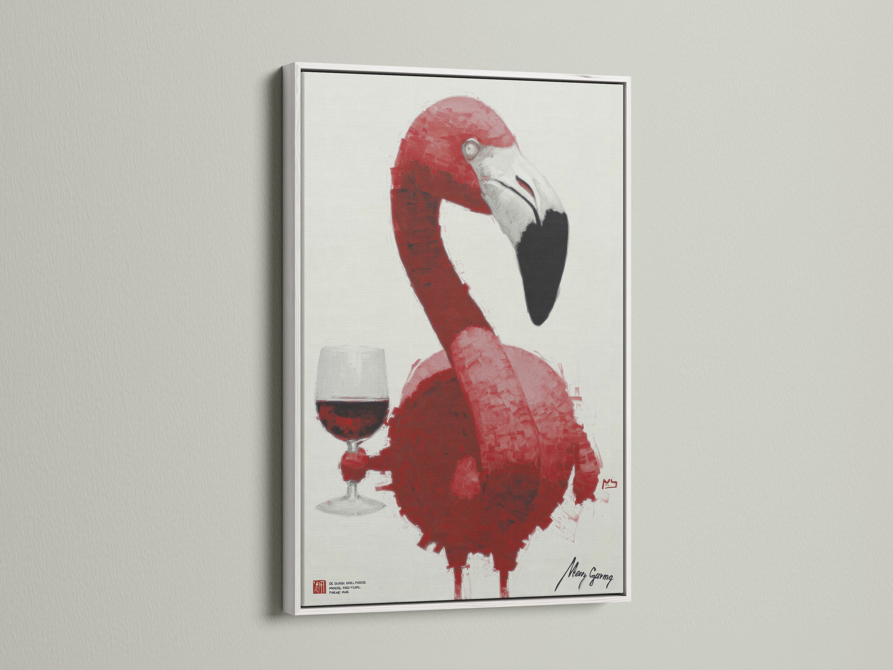 Framed pink flamingo wine art print with a white frame. This modern artwork enhances any space with its whimsical charm. Ideal for adding a touch of pink to your dining room or living room. Shop now for unique animal artwork.