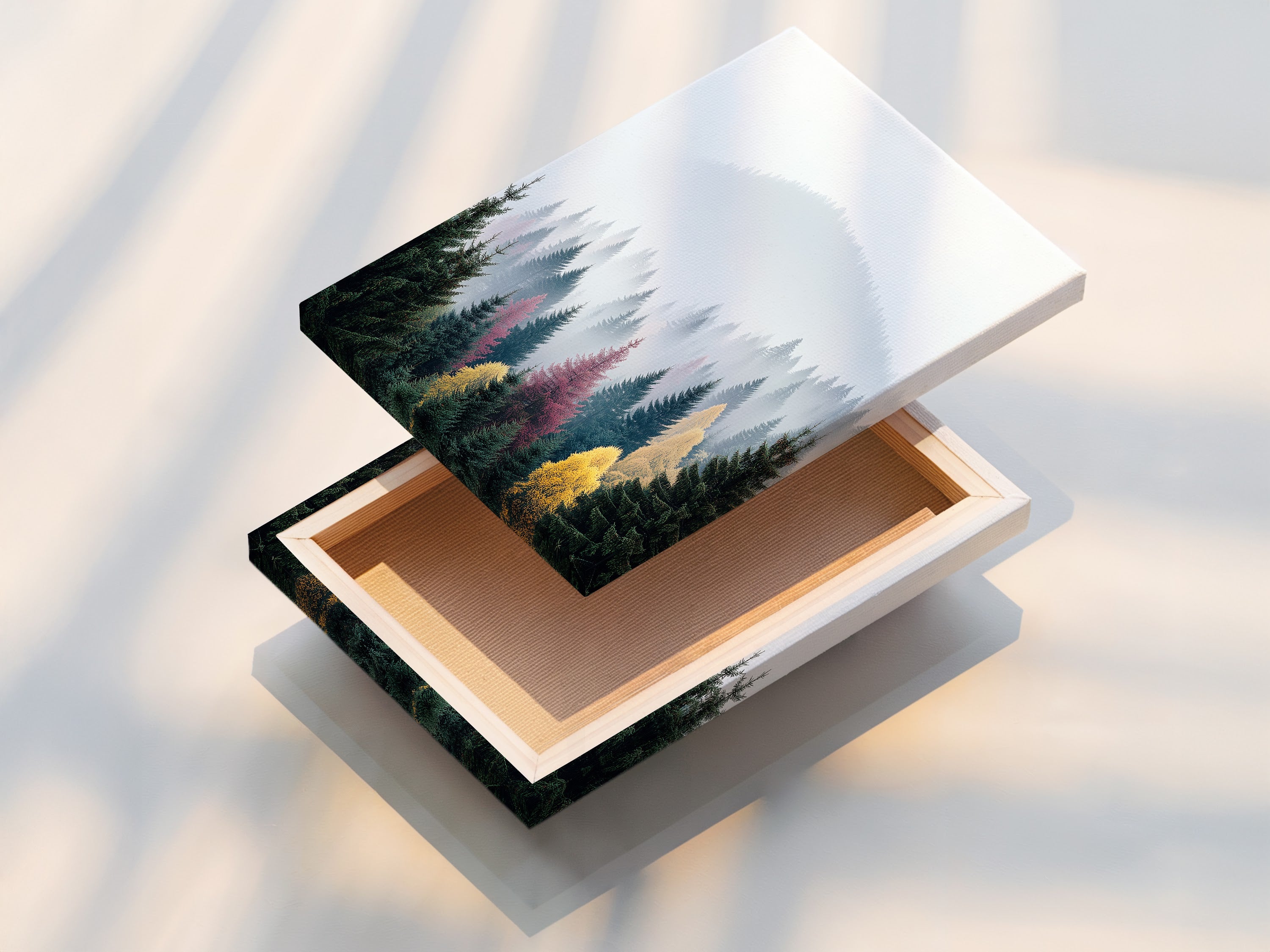 Here is a stretched canvas print of a misty mountain forest. This landscape wall art brings nature indoors. Ideal for modern and rustic styles. Perfect for living rooms bedrooms and offices. Enhance your space with this nature photography print.