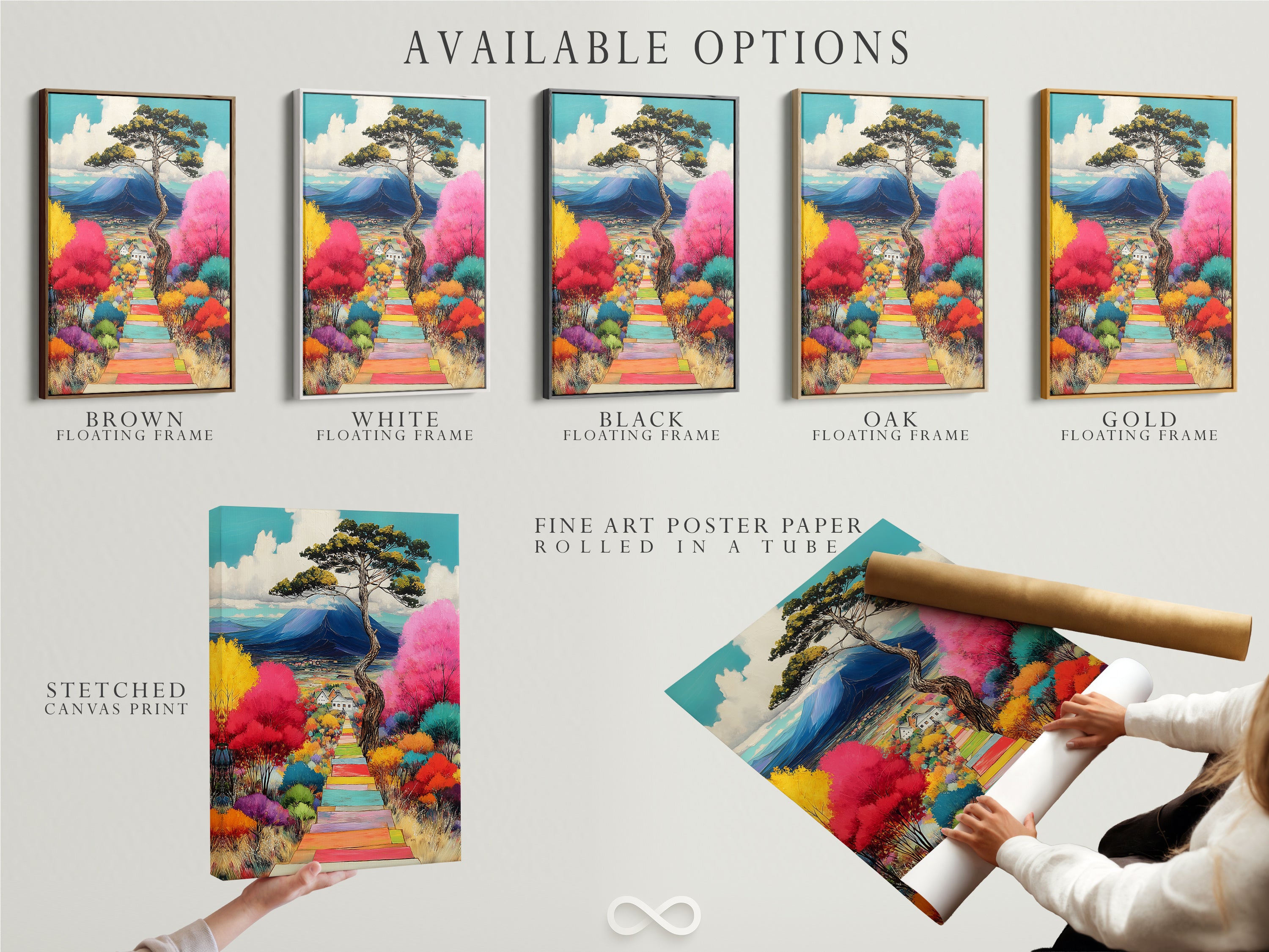 Explore available options for this colorful landscape artwork. Choose from a stretched canvas print. Or opt for fine art poster paper. A floating frame enhances the mountain view and vibrant trees for your home.