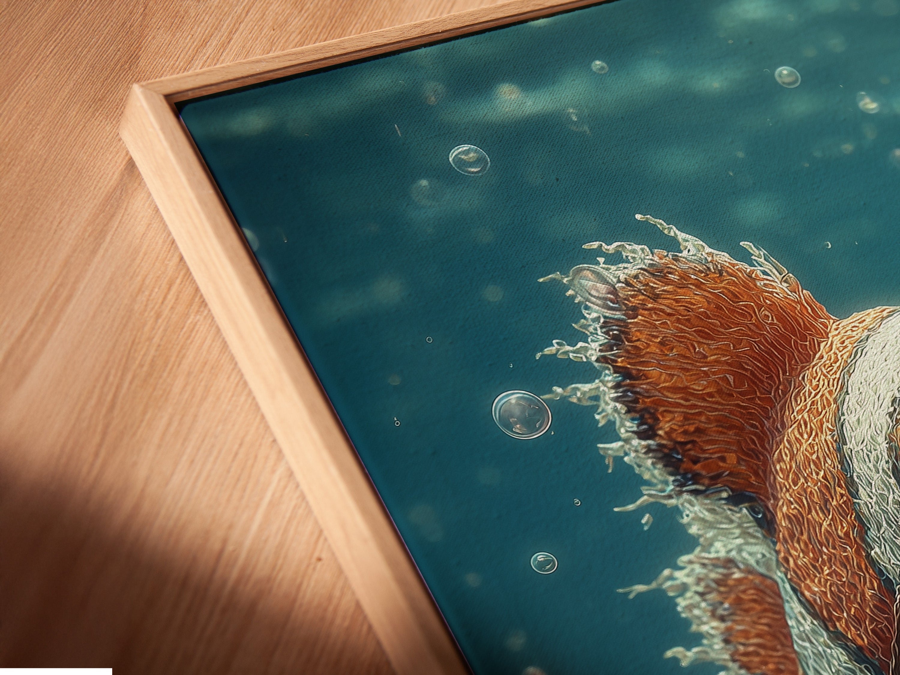 Angled close-up of a canvas print in a floating frame. The floating frame gives the art a contemporary look. It adds depth and dimension to the artwork. The canvas print appears to float within the frame. Perfect for modern spaces.