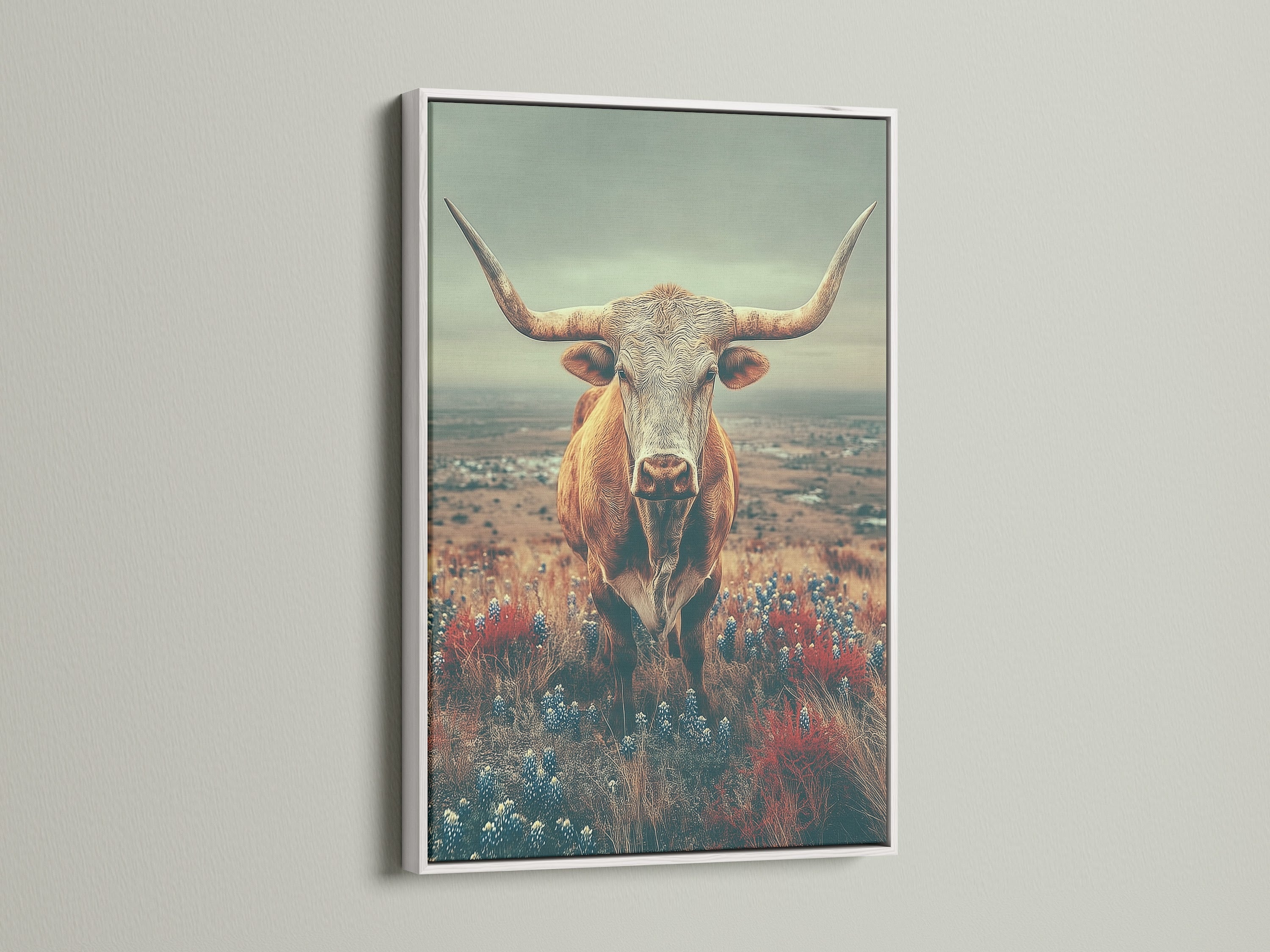 A white frame showcases the Highland Cow art. This piece fits well with country and farmhouse styles. It's great rustic wall art for your living room or bedroom. This farm animal print is perfect for homeowners and renters alike.