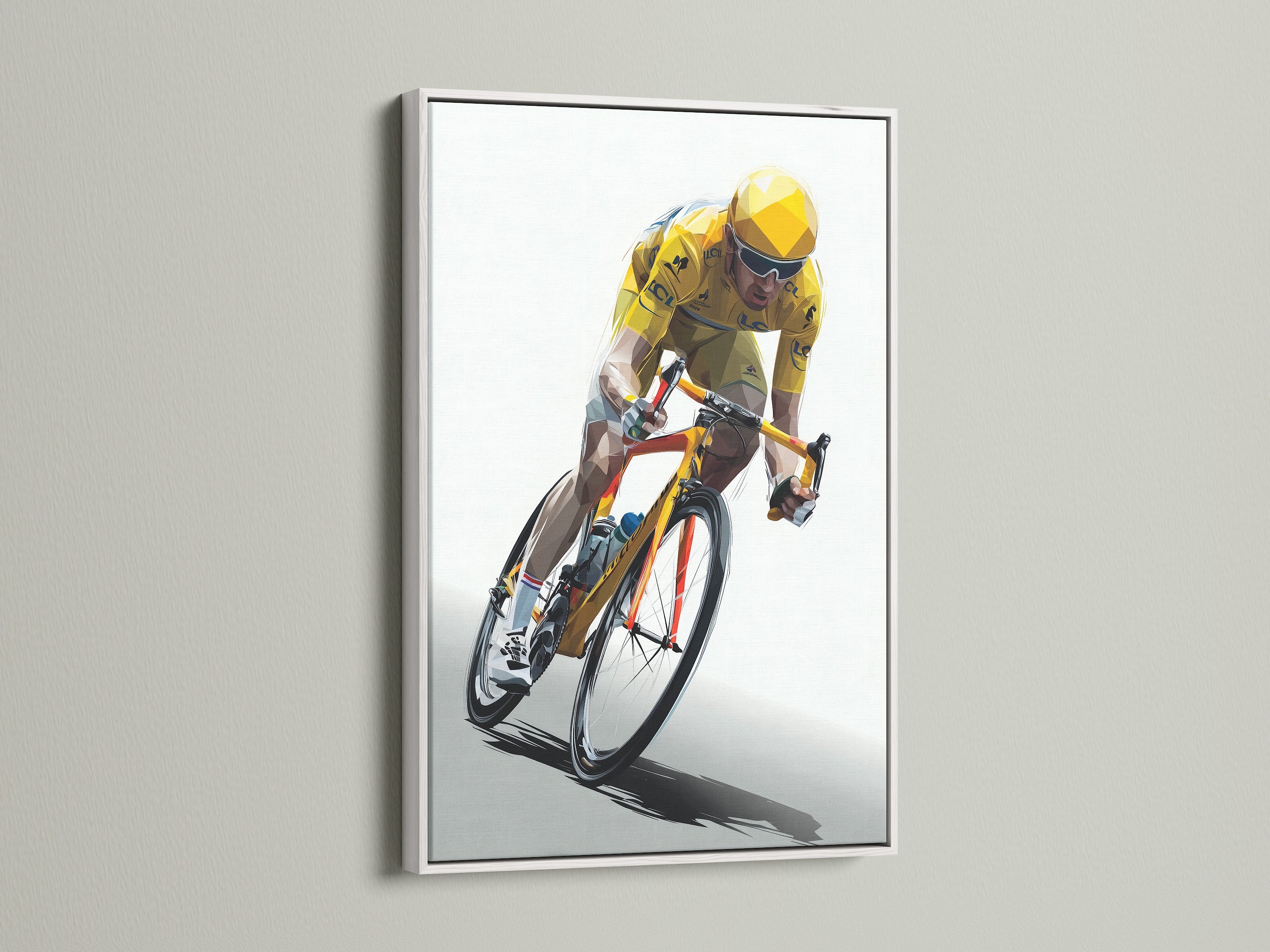 Artwork featuring a cyclist in a dynamic pose is framed in a clean white wood. The print is displayed on a wall. The white frame offers a modern look. Elevate your artwork with a stylish white frame.  This frame enhances any art. Discover the beauty of framed art.