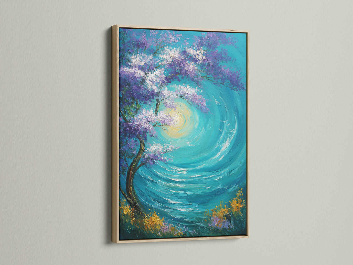 Artwork with an oak frame is displayed. The oak frame provides a classic and natural touch. This art piece features an abstract tree with purple leaves and blue water. It will look great in any room. The frame enhances the overall aesthetic of the artwork.