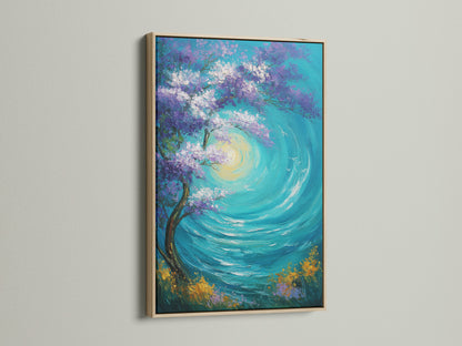 Artwork with an oak frame is displayed. The oak frame provides a classic and natural touch. This art piece features an abstract tree with purple leaves and blue water. It will look great in any room. The frame enhances the overall aesthetic of the artwork.