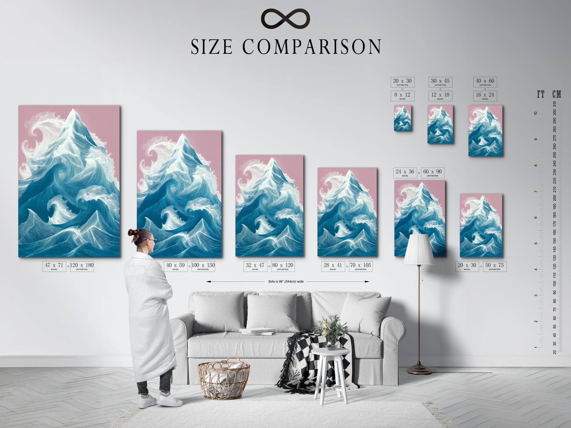 A size comparison chart in an interior setting. Visualize how the artwork will look in your space. Choose the perfect size to complement your room's decor. Transform your space with modern coastal art.
