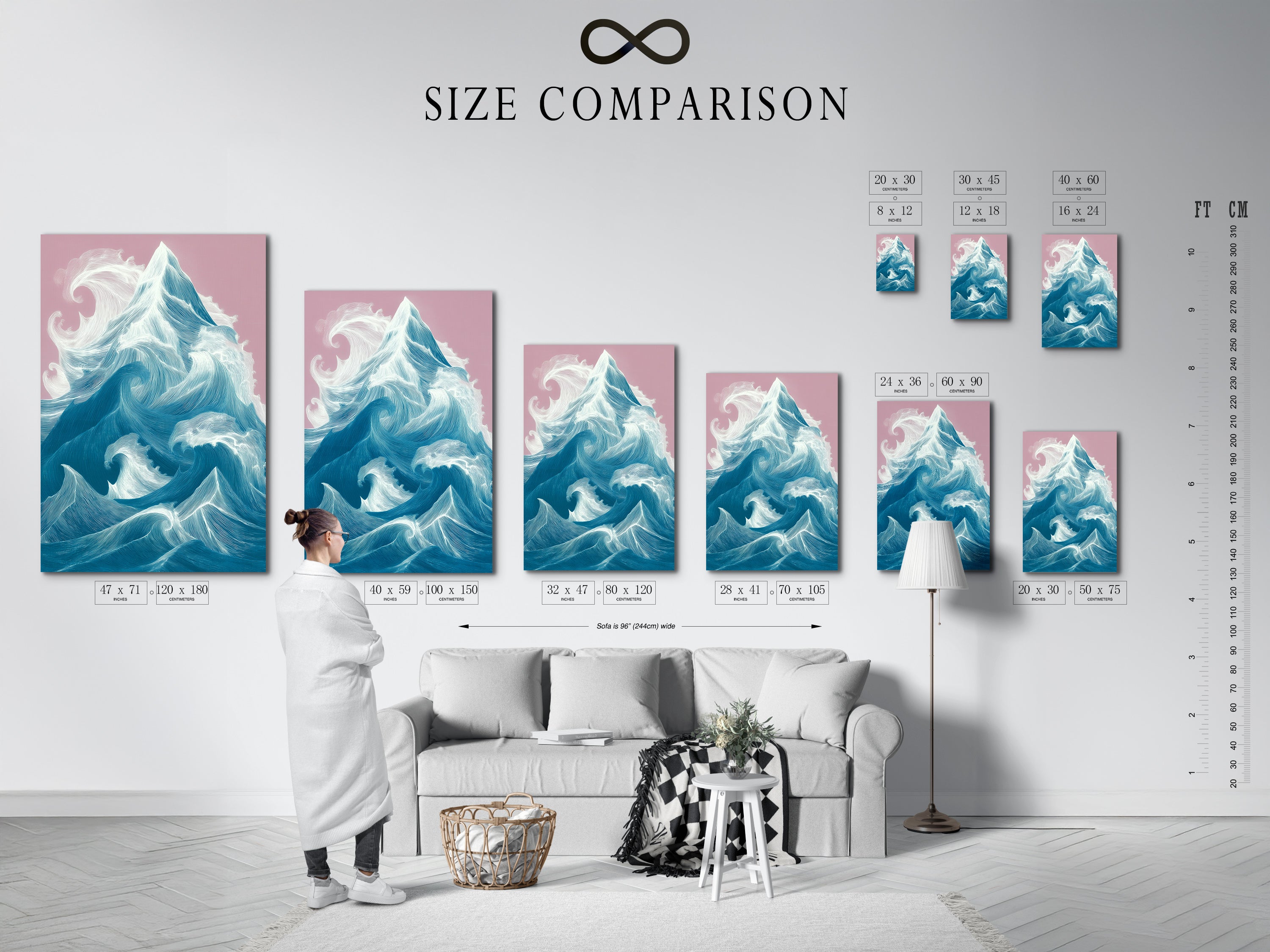 A size comparison chart in an interior setting. Visualize how the artwork will look in your space. Choose the perfect size to complement your room's decor. Transform your space with modern coastal art.