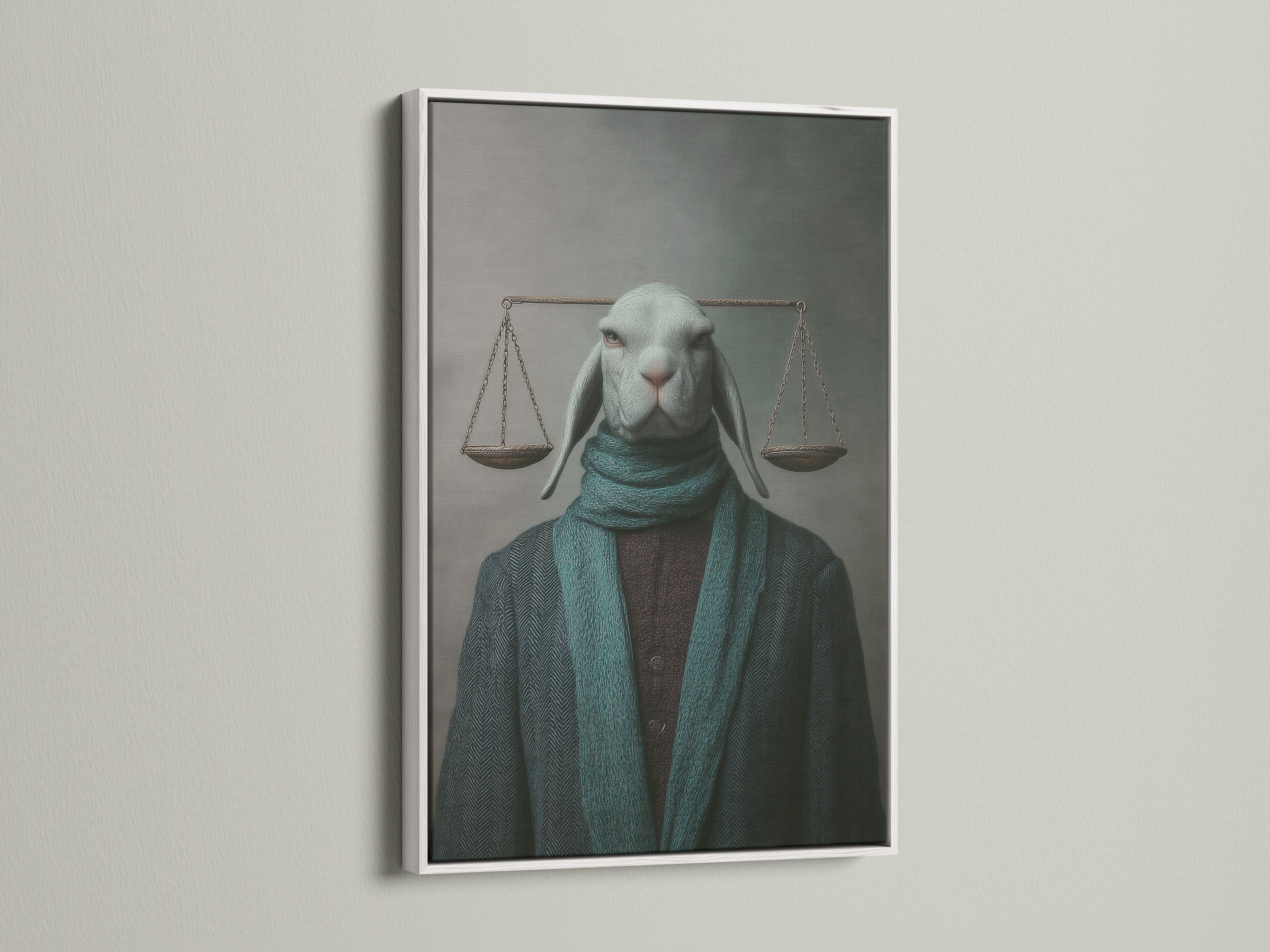 The Justice Rabbit art print is displayed in a white frame. This artwork complements the scales of justice theme. The white frame enhances the primary green and secondary grey colors. Perfect for law office wall decor.
