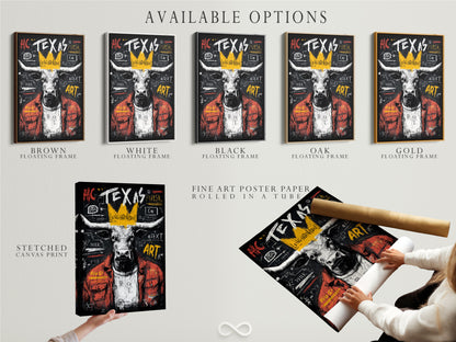 Explore the available options for this artwork including a stretched canvas print. A fine art poster paper and a floating frame are also available. Customize the Texas Longhorn bull artwork to your taste.