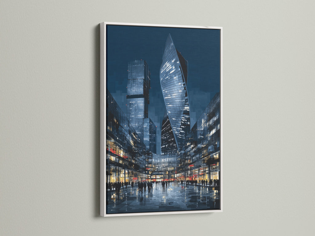 A white frame highlights a blue night cityscape art print. This modern canvas print adds a clean look to urban wall decor. The white frame enhances the contemporary art. Perfect for a minimalist or Scandinavian style.