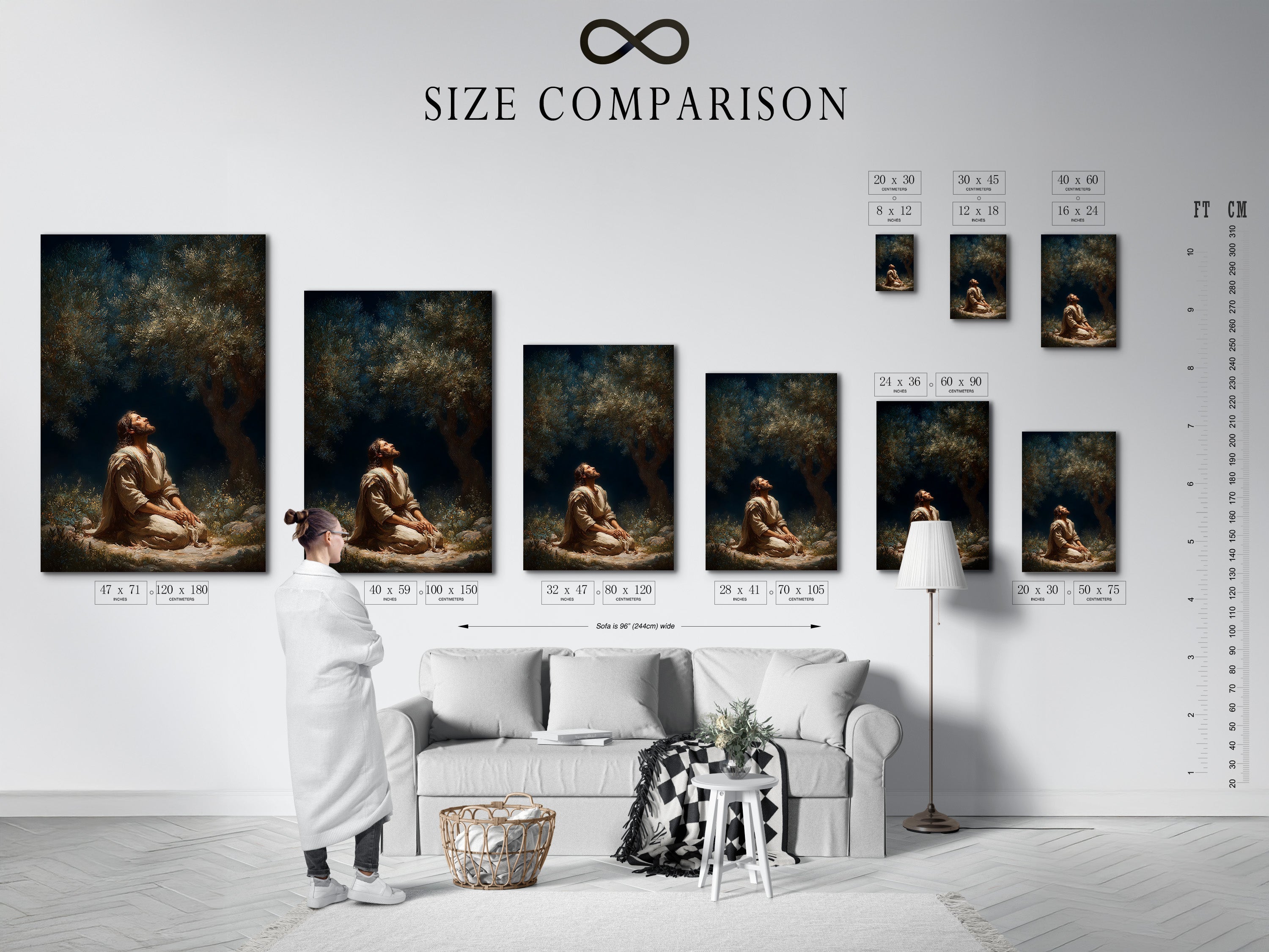 Refer to our size comparison chart. Find the perfect fit for your space. Visualize the artwork in different sizes. Make an informed decision with our helpful guide. Choose the ideal dimensions to complement your home. The chart shows all available sizes.