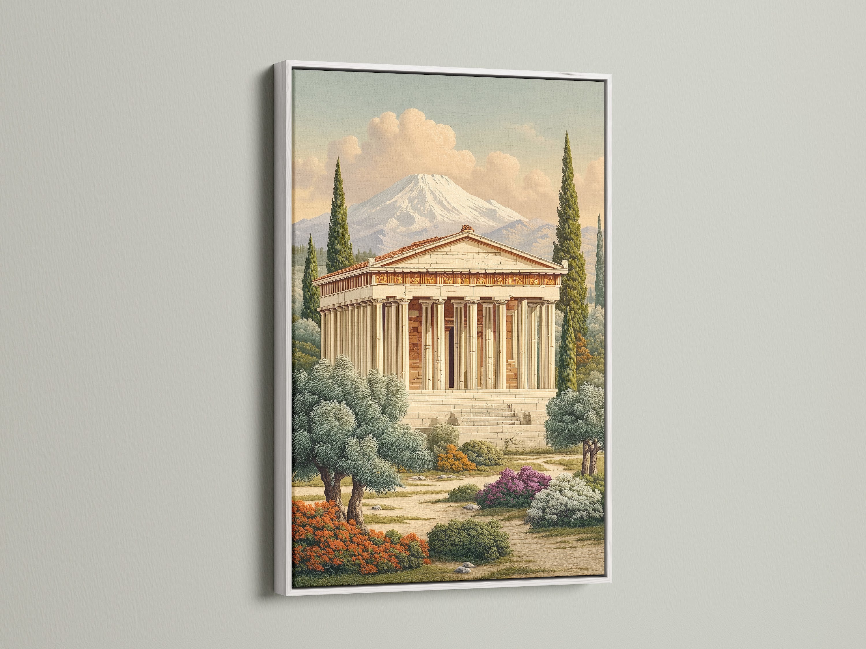 Greek Temple artwork with a white frame. This clean modern look enhances the vintage temple art. Ideal for homeowners renters and interior designers. Bring neoclassical decor to studies libraries clinics and boardrooms.