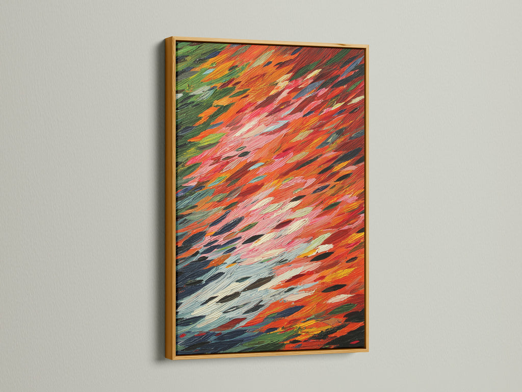 Here we see an abstract brushstroke artwork displayed in a luxurious gold frame. The combination of the vibrant artwork and the gold frame creates an elegant look. This modern expressionist piece adds a touch of glamour to any wall.