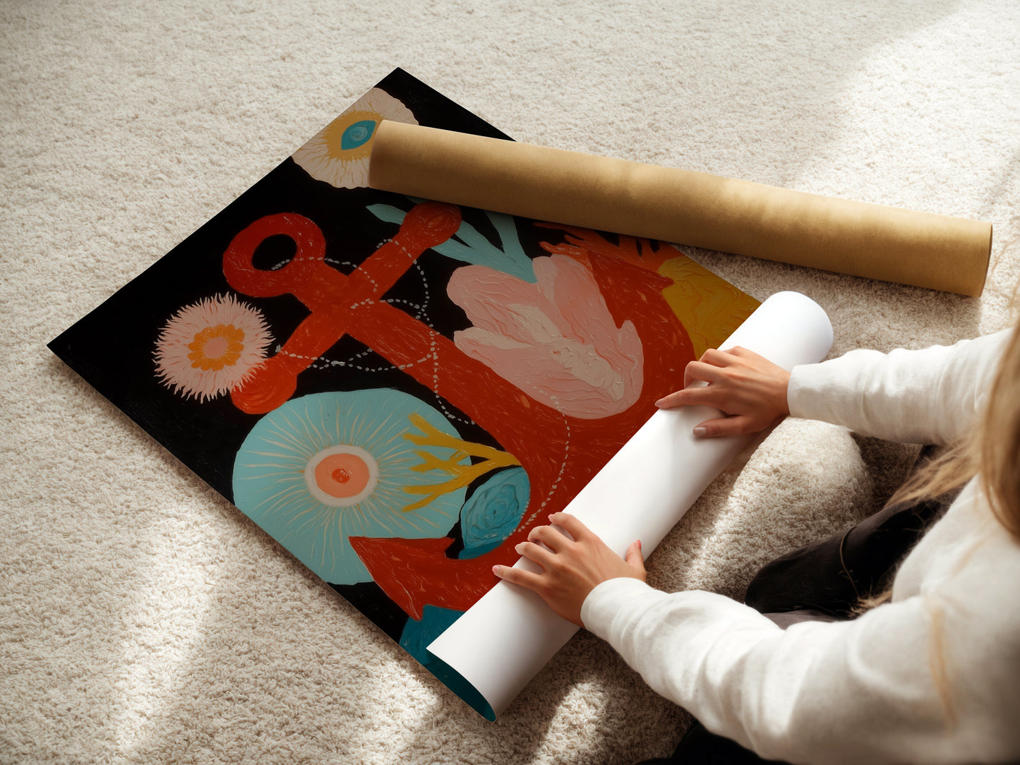 A woman is carefully rolling a fine art poster paper print of the Nautical Anchor Artwork. The print showcases a vibrant red anchor with coastal style. Ensure safe handling for a perfect display. This high-quality paper enhances the artwork's details.