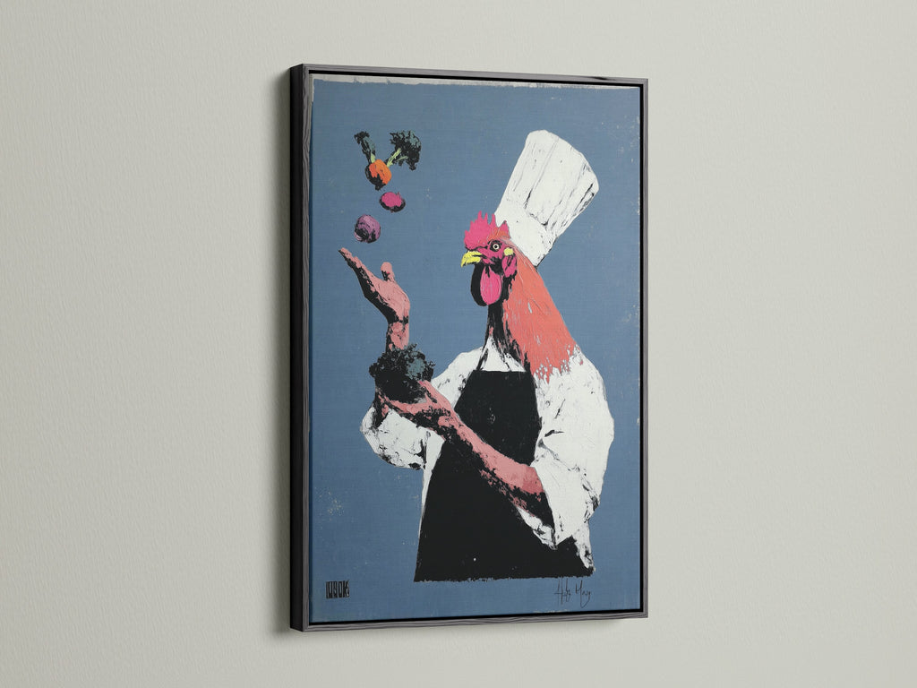 Rooster Chef wall artwork in a black frame. The black frame provides a bold contrast to the colorful rooster chef art. This piece is perfect for adding a touch of humor and sophistication to your kitchen or restaurant decor. Check out this striking black frame style.