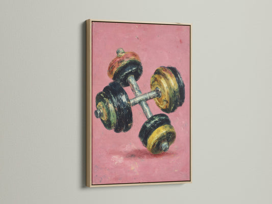This is a vintage dumbbell art print in an oak frame. The retro fitness wall art adds character to any space. The pink canvas print is perfect for home gym decor. Get inspired with motivational workout art today.