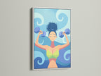 White frame emphasizes fitness woman artwork. The gym wall decor features a workout illustration. It is perfect for home gym decor. This motivational art embodies strength training. It enhances any workout space.