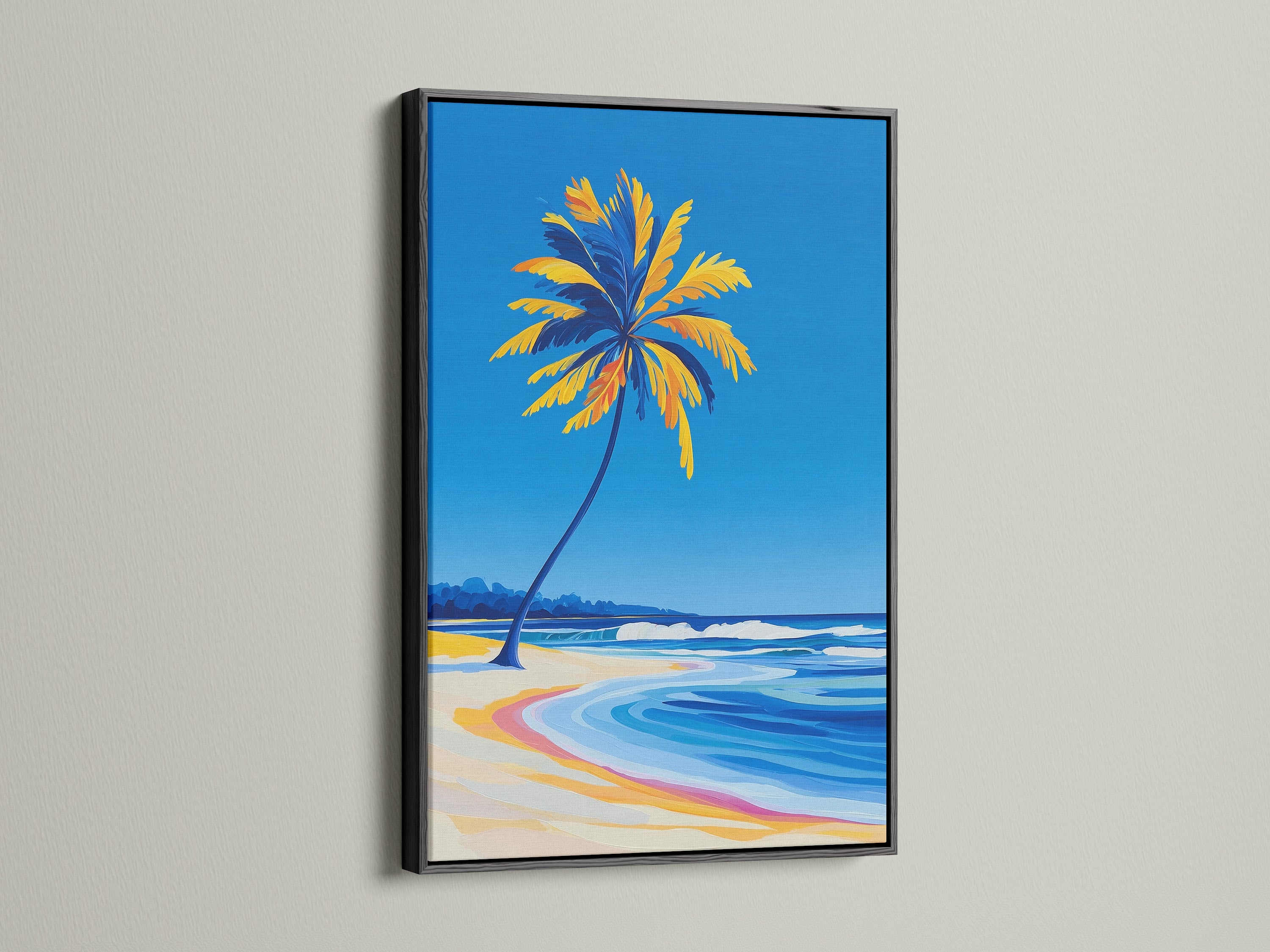 Palm Tree Beach Art in a black frame. This artwork captures ocean waves on canvas. Ideal coastal decor for a modern interior. The black frame adds a bold statement. This tropical wall art enhances your living room or bedroom.