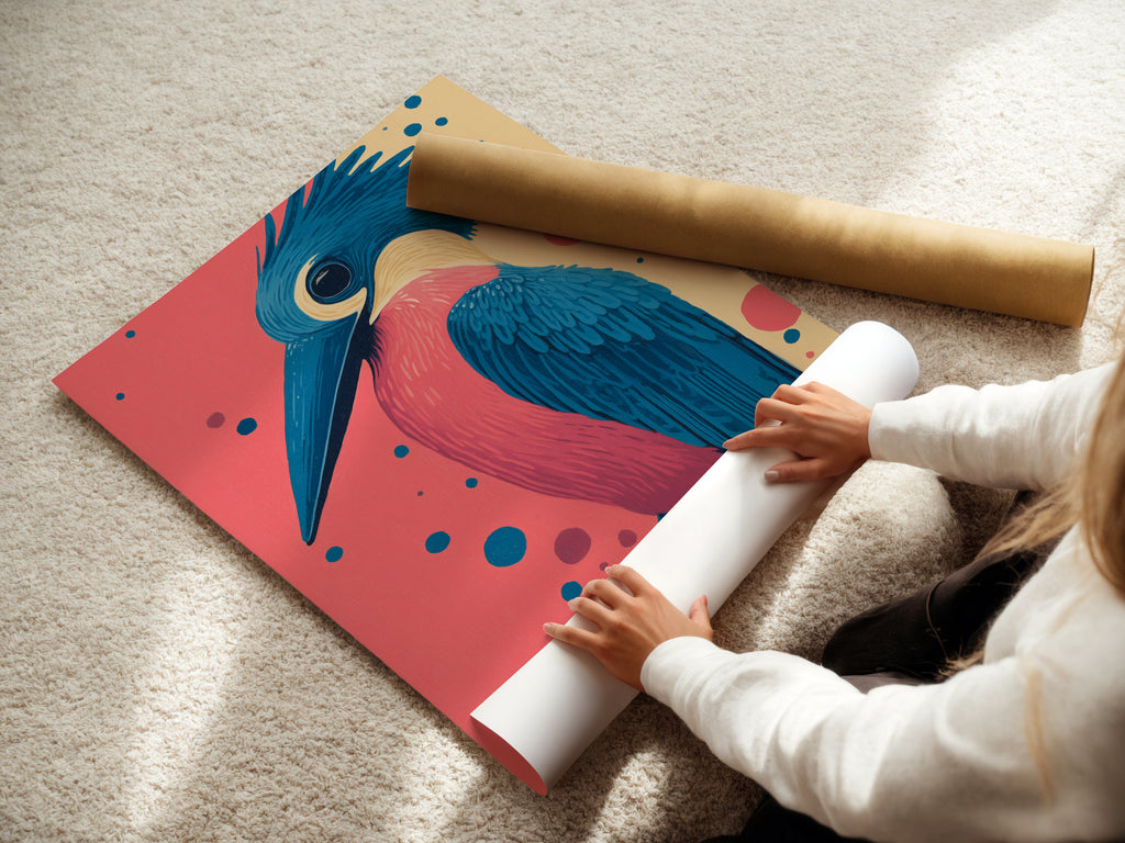 Woman carefully rolling a fine art poster paper print. Our Kingfisher bird artwork is available as a poster. Enjoy this retro style wall art in a variety of sizes. Perfect for home decor and a great bird lover gift.