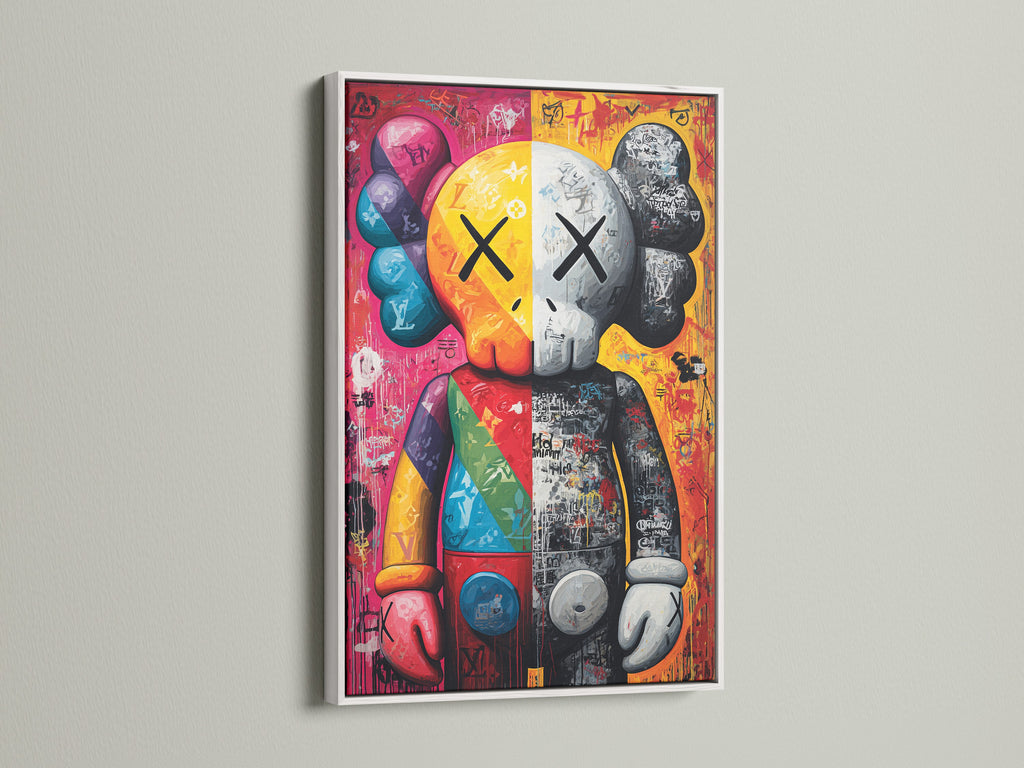 KAWS Companion artwork displayed in a white frame. The street art canvas brightens any room. This pop art wall decor brings a modern touch. A great graffiti artwork for contemporary art lovers.