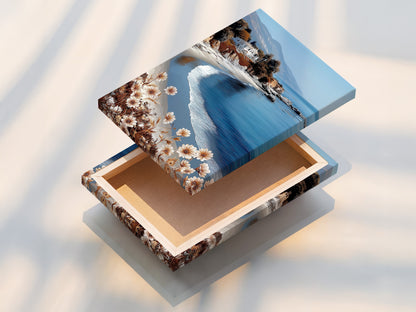 This is a stretched canvas print featuring a coastal beach scene. The California seascape wall art brings a calming ocean view to any room. The neutral tones complement various decor styles. This stretched canvas is ready to hang and enjoy in your home.