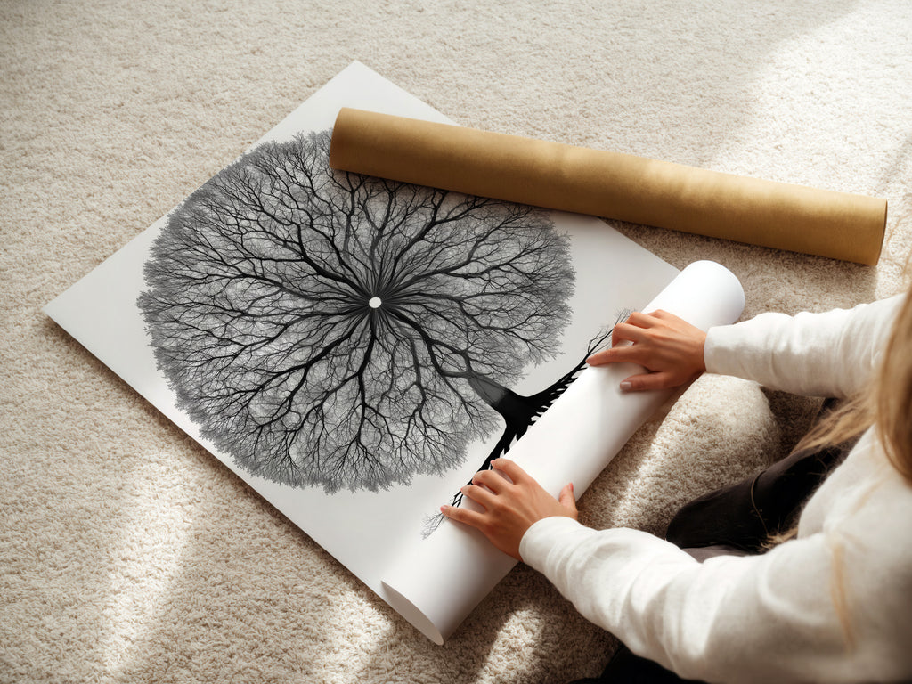 A woman is carefully rolling a fine art poster paper of the Tree of Life artwork. The poster paper ensures high-quality reproduction. This allows for easy handling and framing. It is ideal for creating custom wall art.