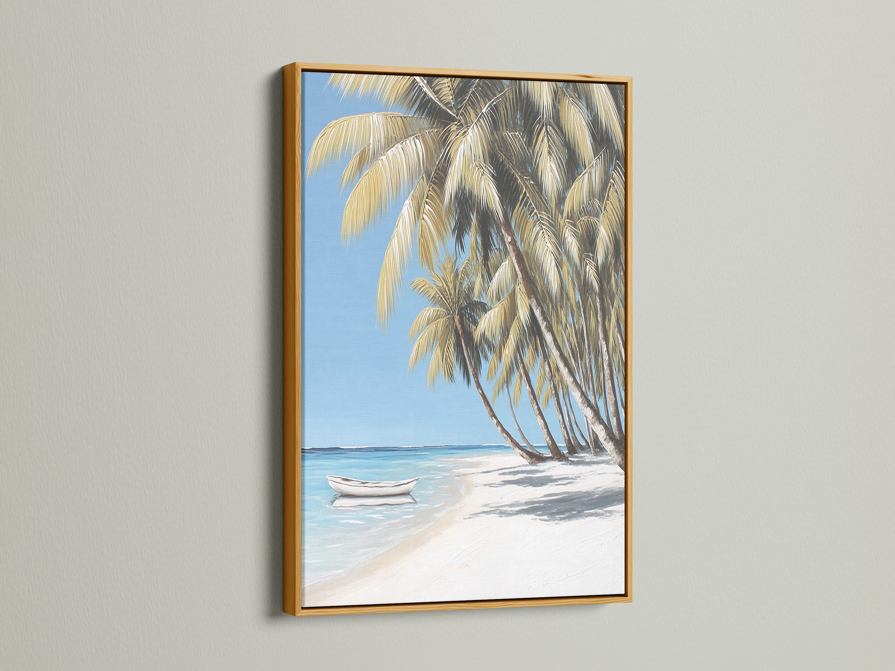 Tropical beach artwork with a gold frame. The artwork portrays palm trees along a white sand beach with a boat in clear blue water. Bring a touch of Caribbean paradise to your home with this striking art.
