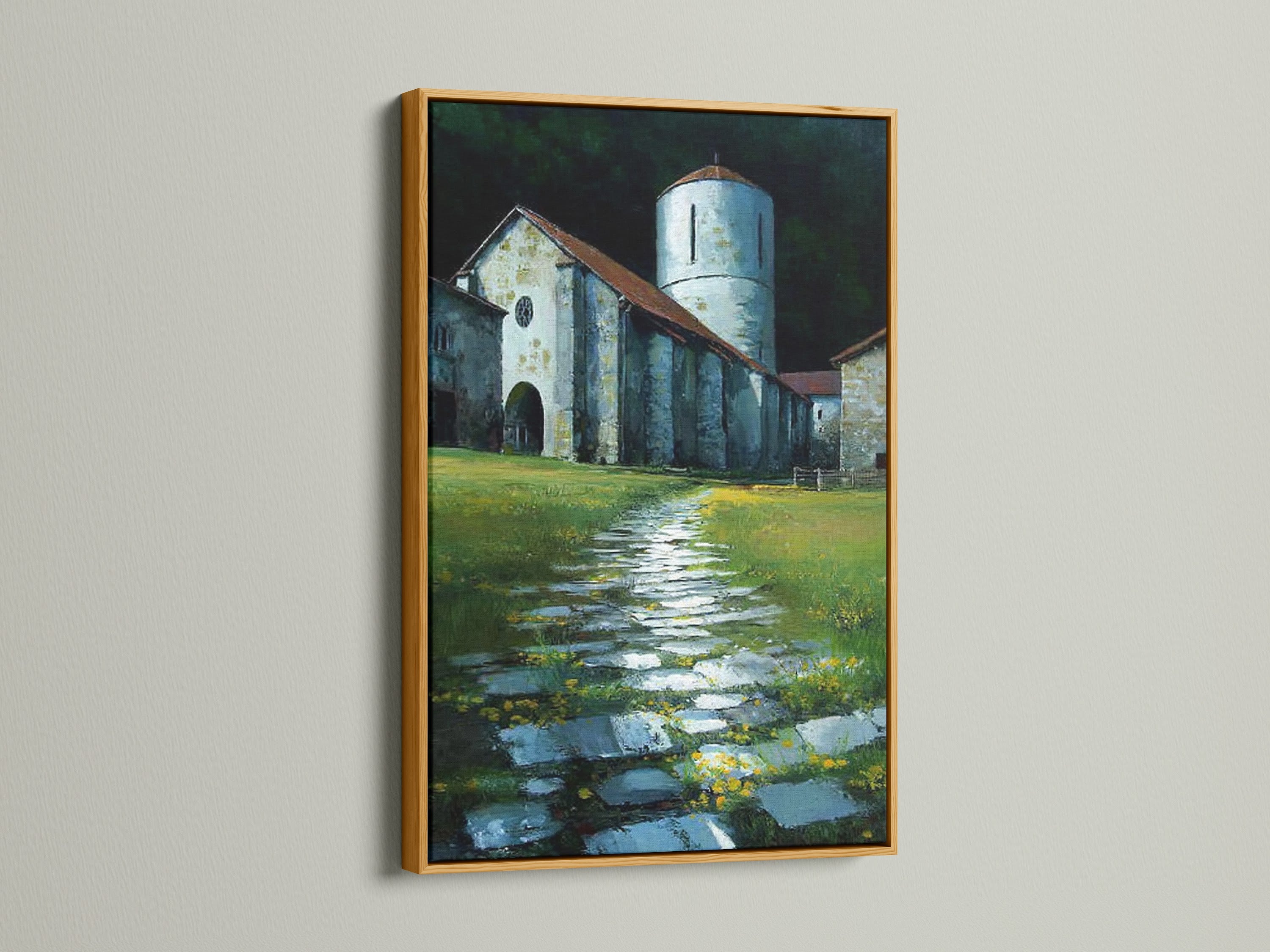 The church tower art is elegantly framed in gold. This rustic artwork complements eclectic styles. It is ideal for a living room. The building artwork enhances your home decor. The stone path is visible
