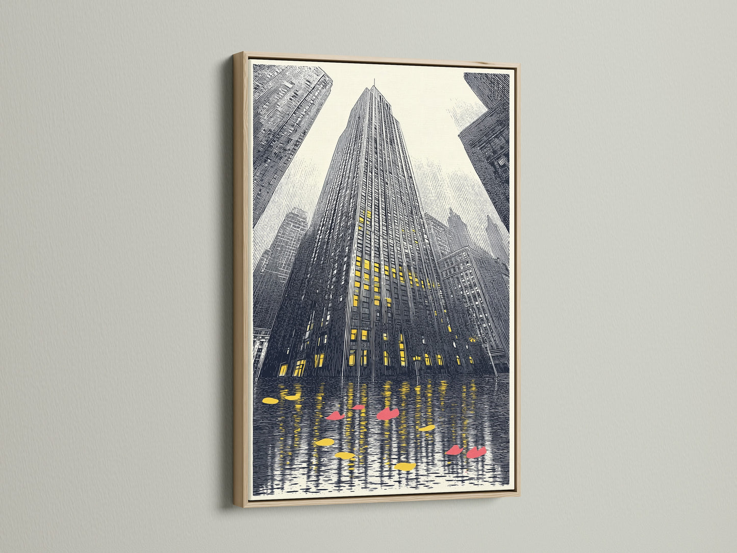 A striking cityscape artwork features an urban skyscraper. The print is framed in a natural oak wood frame. This modern architecture poster adds a touch of sophistication to any room. Ideal wall art for minimalist Scandinavian or industrial styles.