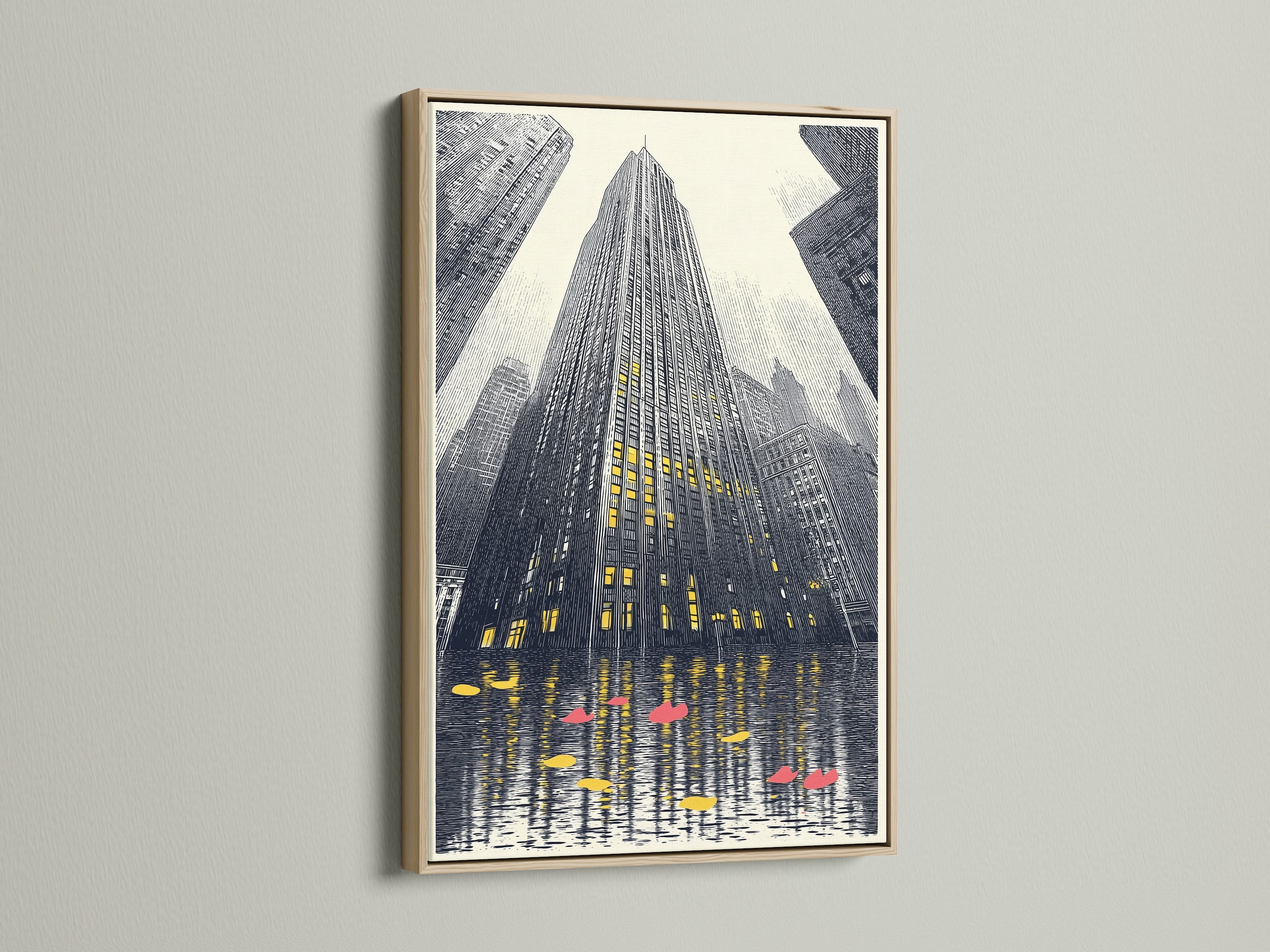 A striking cityscape artwork features an urban skyscraper. The print is framed in a natural oak wood frame. This modern architecture poster adds a touch of sophistication to any room. Ideal wall art for minimalist Scandinavian or industrial styles.