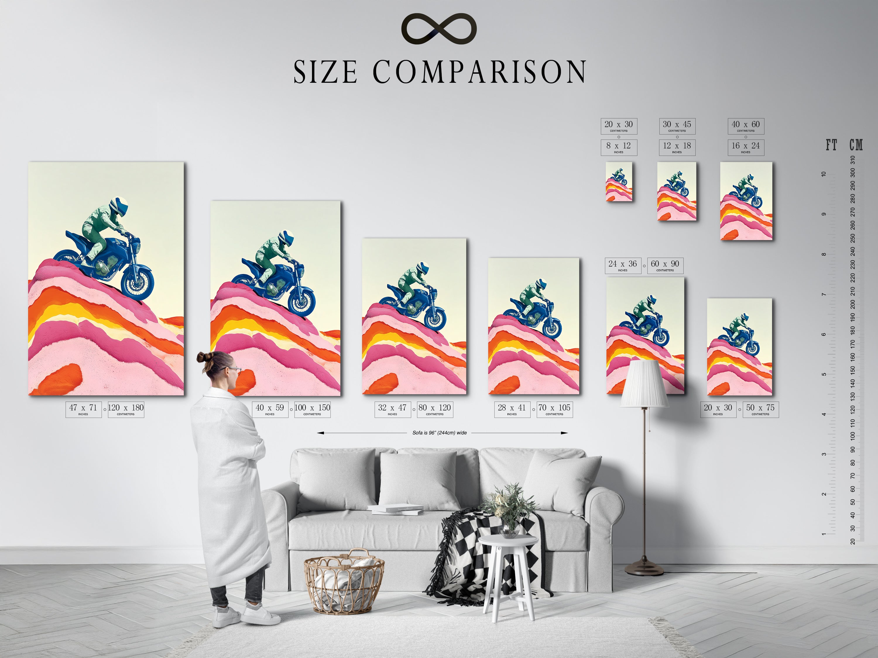 Size comparison chart in an interior setting. Visualize the perfect dimensions for your motorcycle art print. Options include canvas and fine art poster paper. Ideal for garages man caves offices and living spaces.