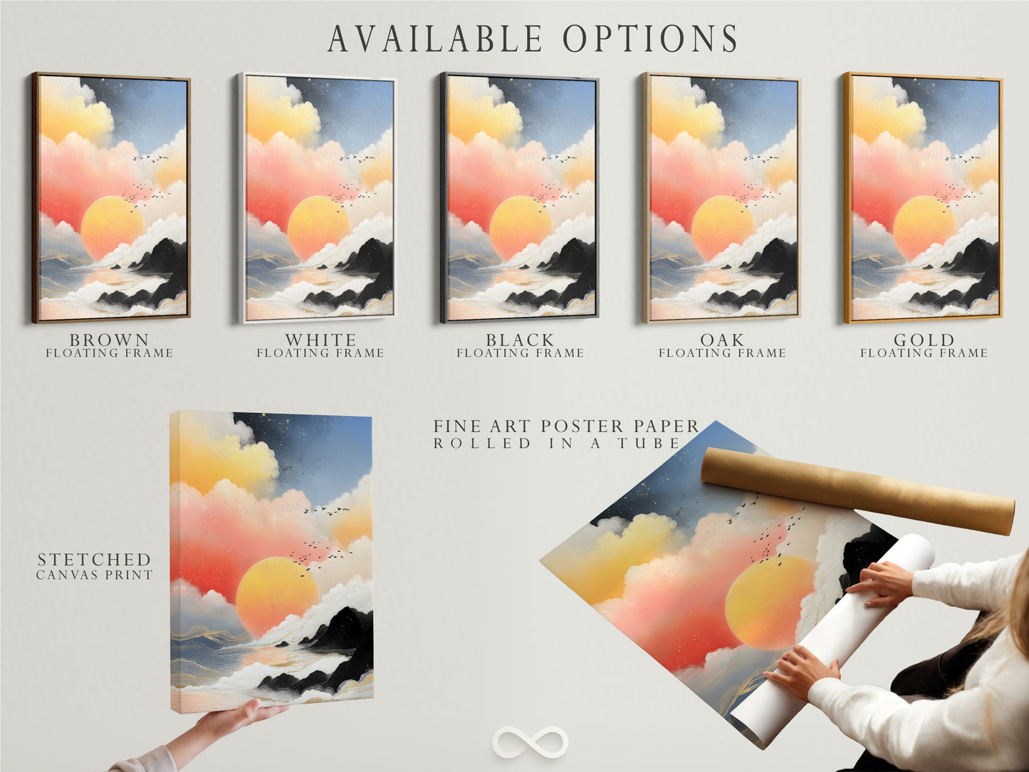 Available options for Sunrise Seascape art: stretched canvas print fine art poster paper and floating frame. This coastal wall art offers versatility. Choose the perfect format for your decor needs. Explore peach and teal artwork.