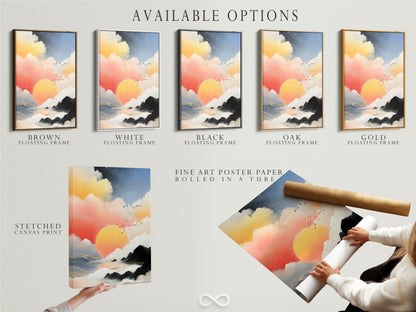 Available options for Sunrise Seascape art: stretched canvas print fine art poster paper and floating frame. This coastal wall art offers versatility. Choose the perfect format for your decor needs. Explore peach and teal artwork.