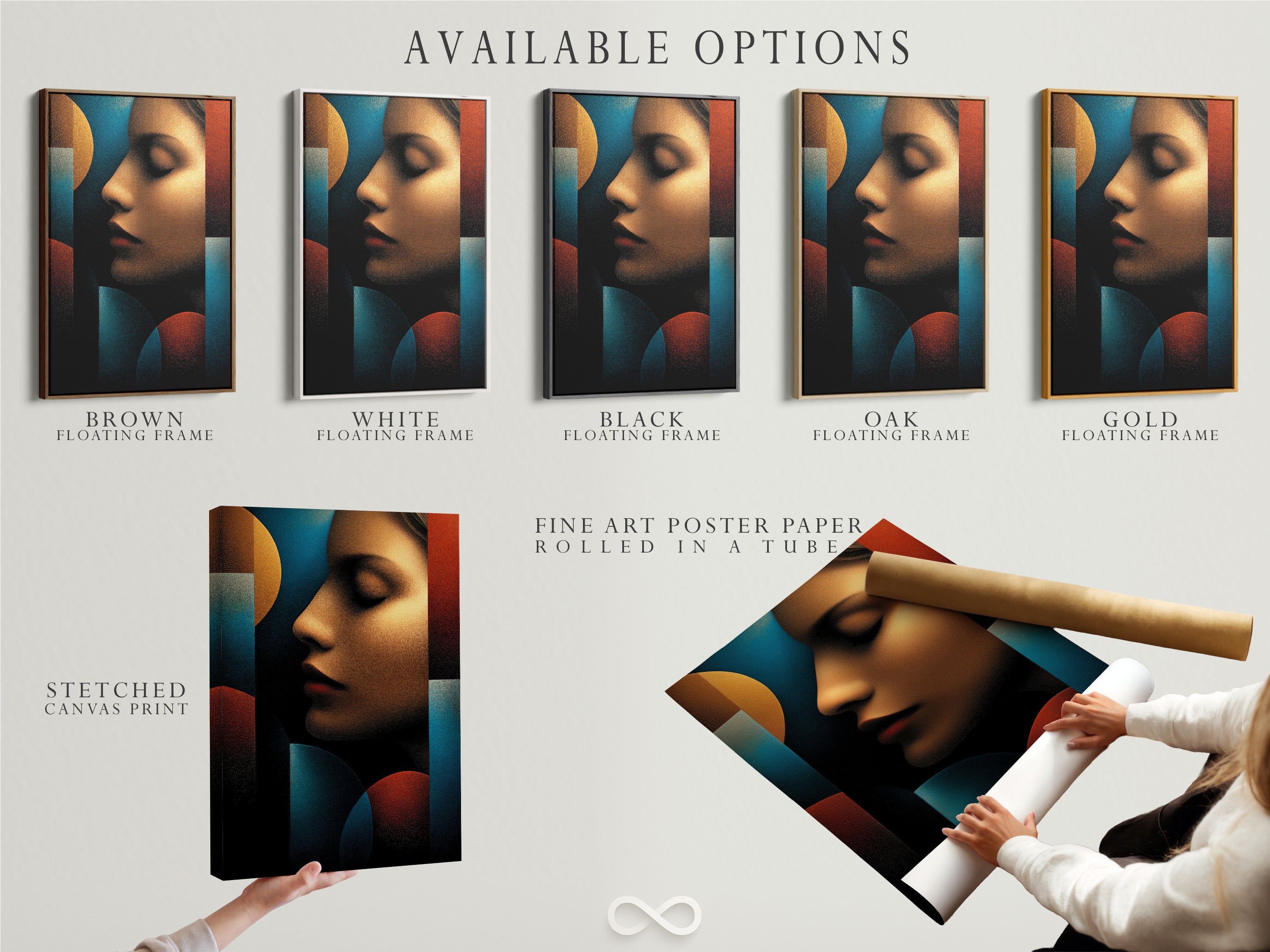Available options for artwork are displayed. These include stretched canvas print fine art poster paper and floating frame. Each option offers a unique look and feel. Choose the perfect option to match your style. These options are ideal for any art enthusiast.
