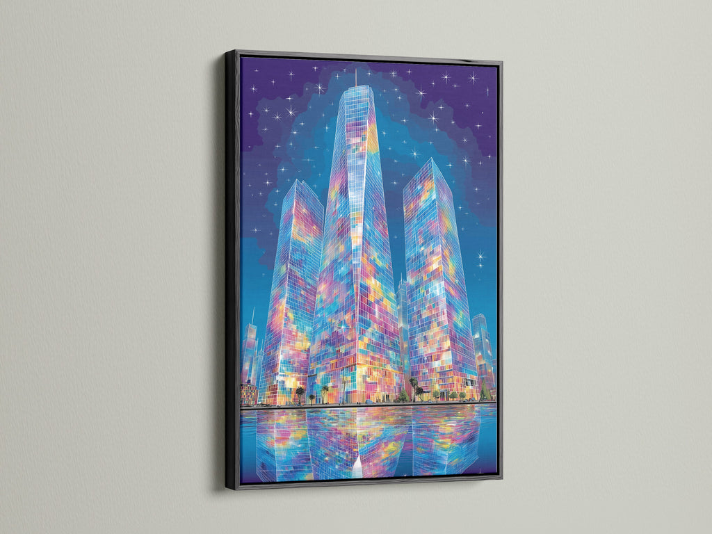 A black frame highlights the colorful city skyline artwork. This urban canvas print offers a striking contrast. The black frame accentuates the modern art. Elevate your office wall decor with this architecture print. It is perfect for any space.