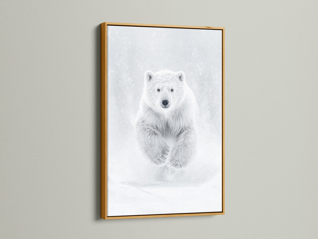 The polar bear artwork is framed in a gold frame adding a touch of elegance to the arctic animal print. The gold frame enhances the bear artwork making it a sophisticated choice for contemporary interiors. It's perfect as wildlife decor.
